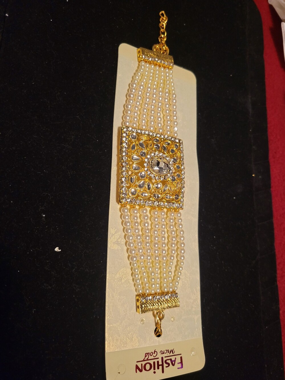 Fashion Multi-Strand Pearl and Gold Plated Statement Bracelet - Picture 2 of 3